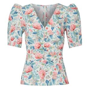 La Vie Rebecca Taylor Painted Garden Floral Puff Sleeve V Neck Ruched Top - L